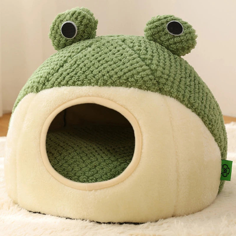 Warm Plush Frog Dog & Cat Cave Bed for Puppies, Kittens & Small Pets