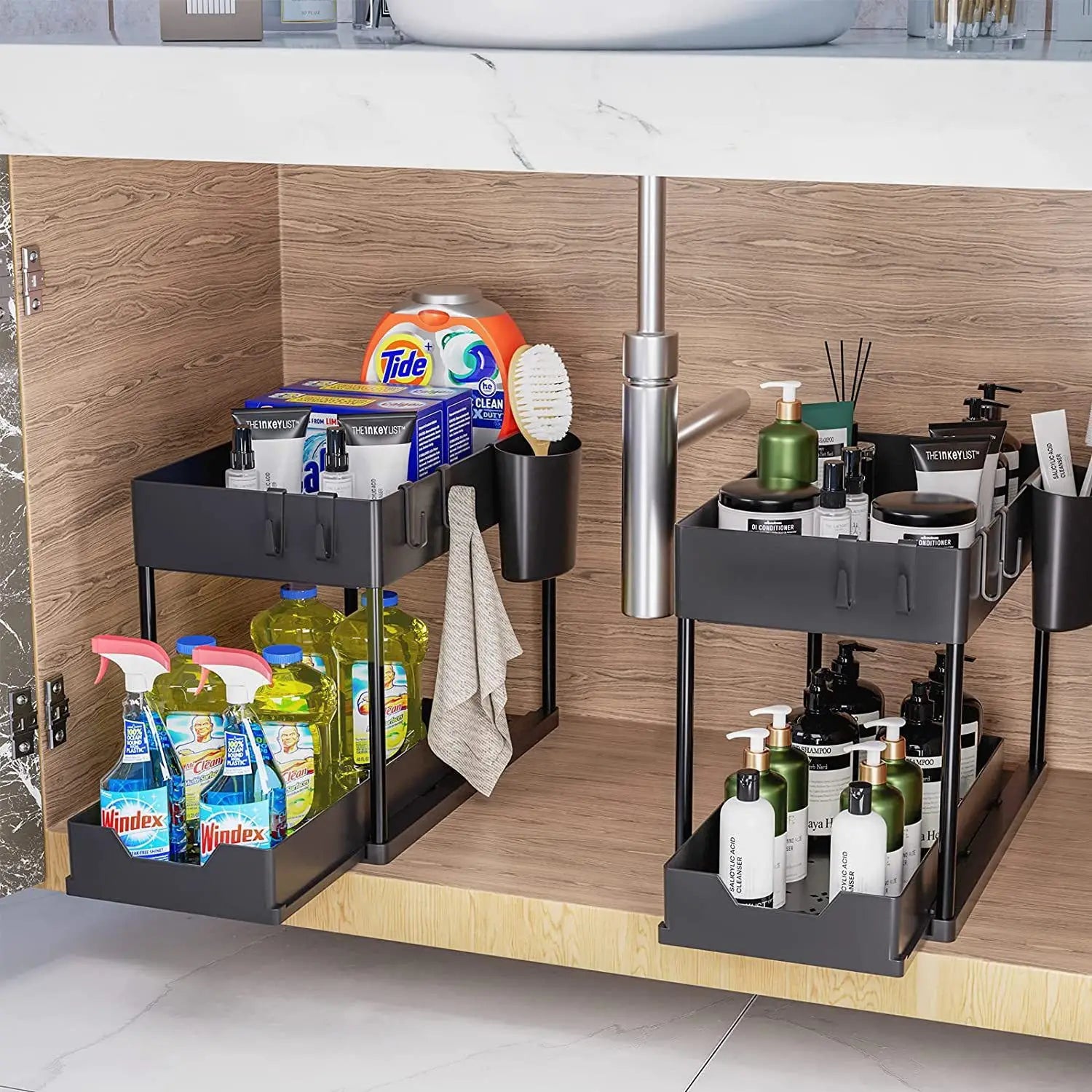 2-Tier Sliding Under Sink Organizer, Sliding Cabinet Basket with Hooks