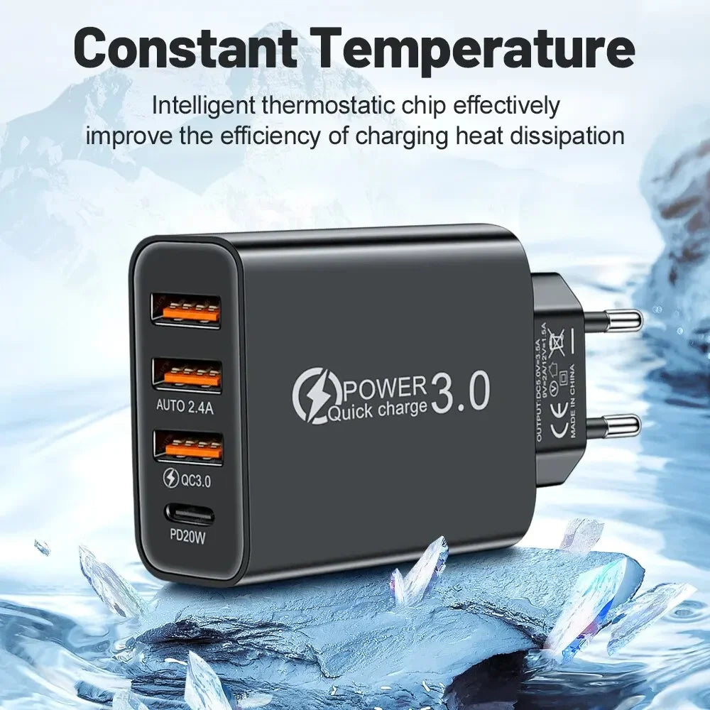 Total 60W USB C Charger Multi 4 Ports 3USB PD Type C Fast Charging Quick Charge Universal Travel Wall Power Adapter