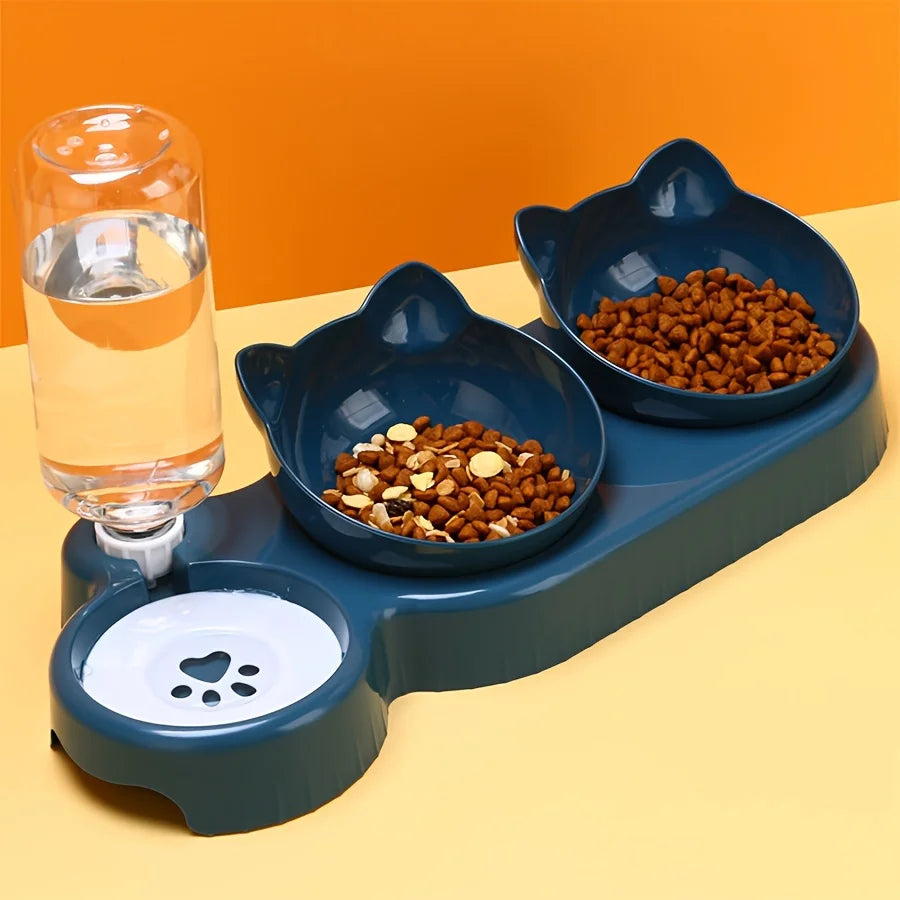 3-in-1 Tilted Cat Food & Water Bowl with Gravity Water Feeder