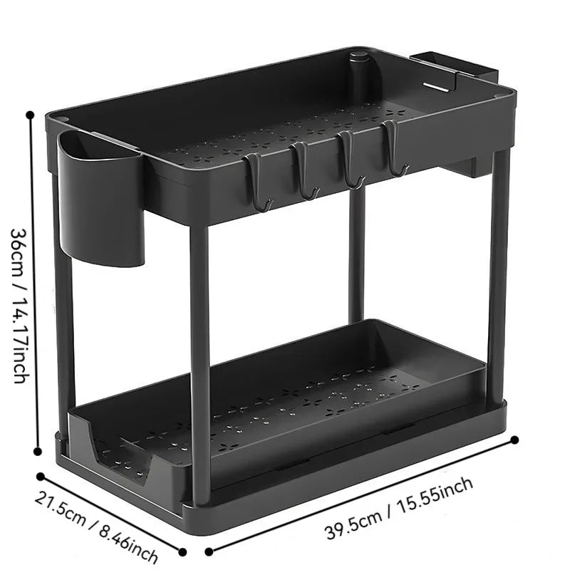 2-Tier Sliding Under Sink Organizer, Sliding Cabinet Basket with Hooks