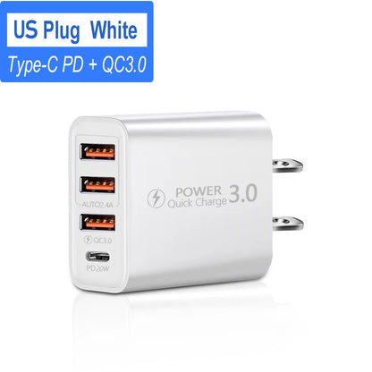 Total 60W USB C Charger Multi 4 Ports 3USB PD Type C Fast Charging Quick Charge Universal Travel Wall Power Adapter