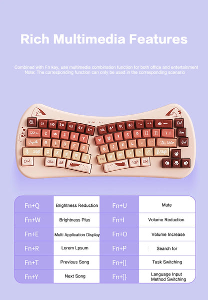 BOW Bluetooth USB Wireless Split Keyboard  68 Keys Multi Media Button Cute Cat Ergonomic  Keyboard for Win/Android/iOS/ OS