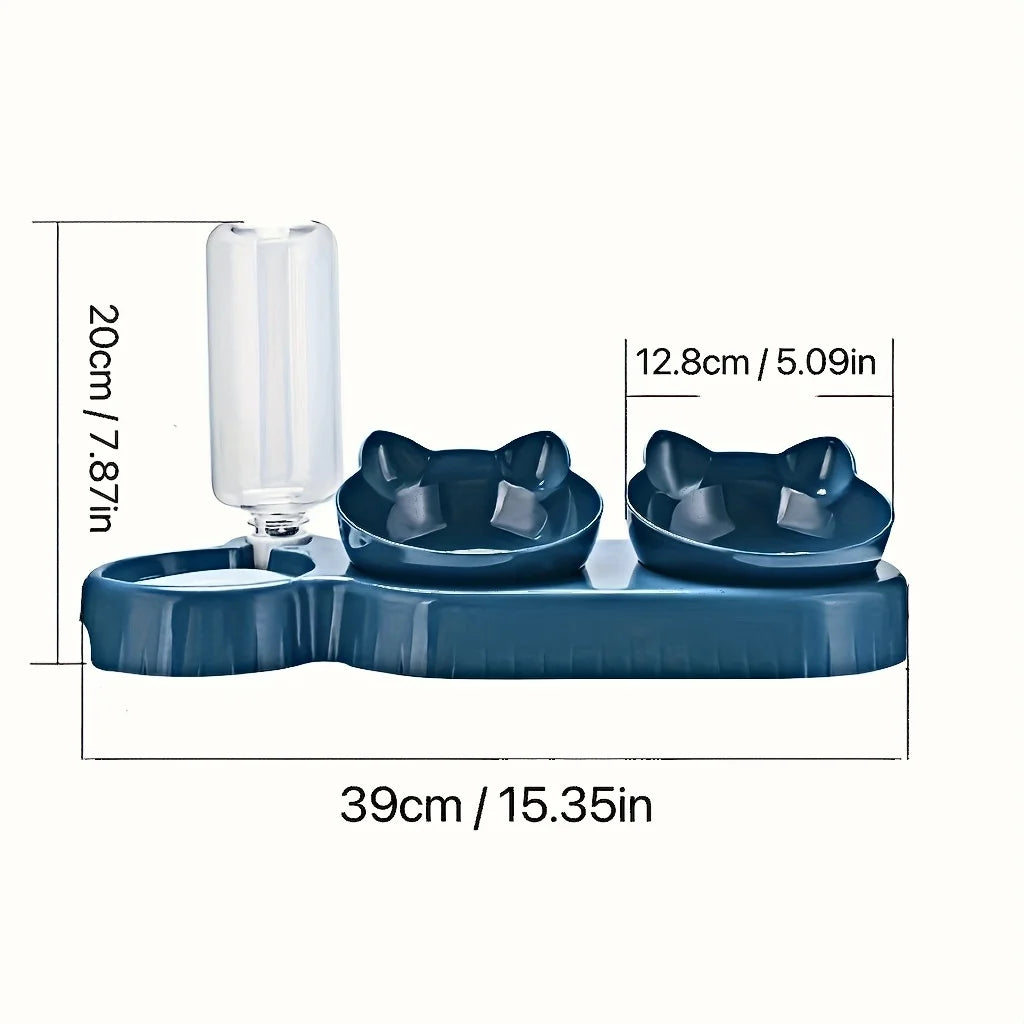 3-in-1 Tilted Cat Food & Water Bowl with Gravity Water Feeder
