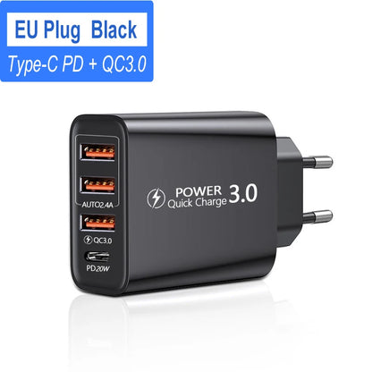 Total 60W USB C Charger Multi 4 Ports 3USB PD Type C Fast Charging Quick Charge Universal Travel Wall Power Adapter