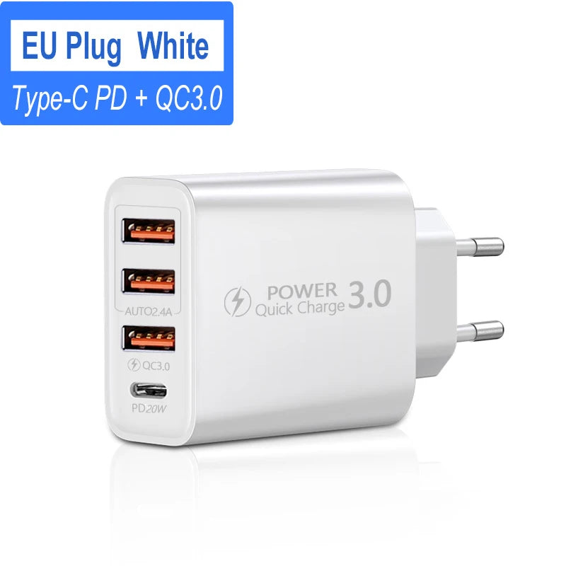 Total 60W USB C Charger Multi 4 Ports 3USB PD Type C Fast Charging Quick Charge Universal Travel Wall Power Adapter