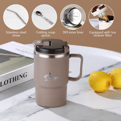 Insulated Coffee Cup 304 Stainless Steel Tea Cup With Tea Strainer Lid Straw Water Milk Juice Cups Coffee Mug For Home Drinkware