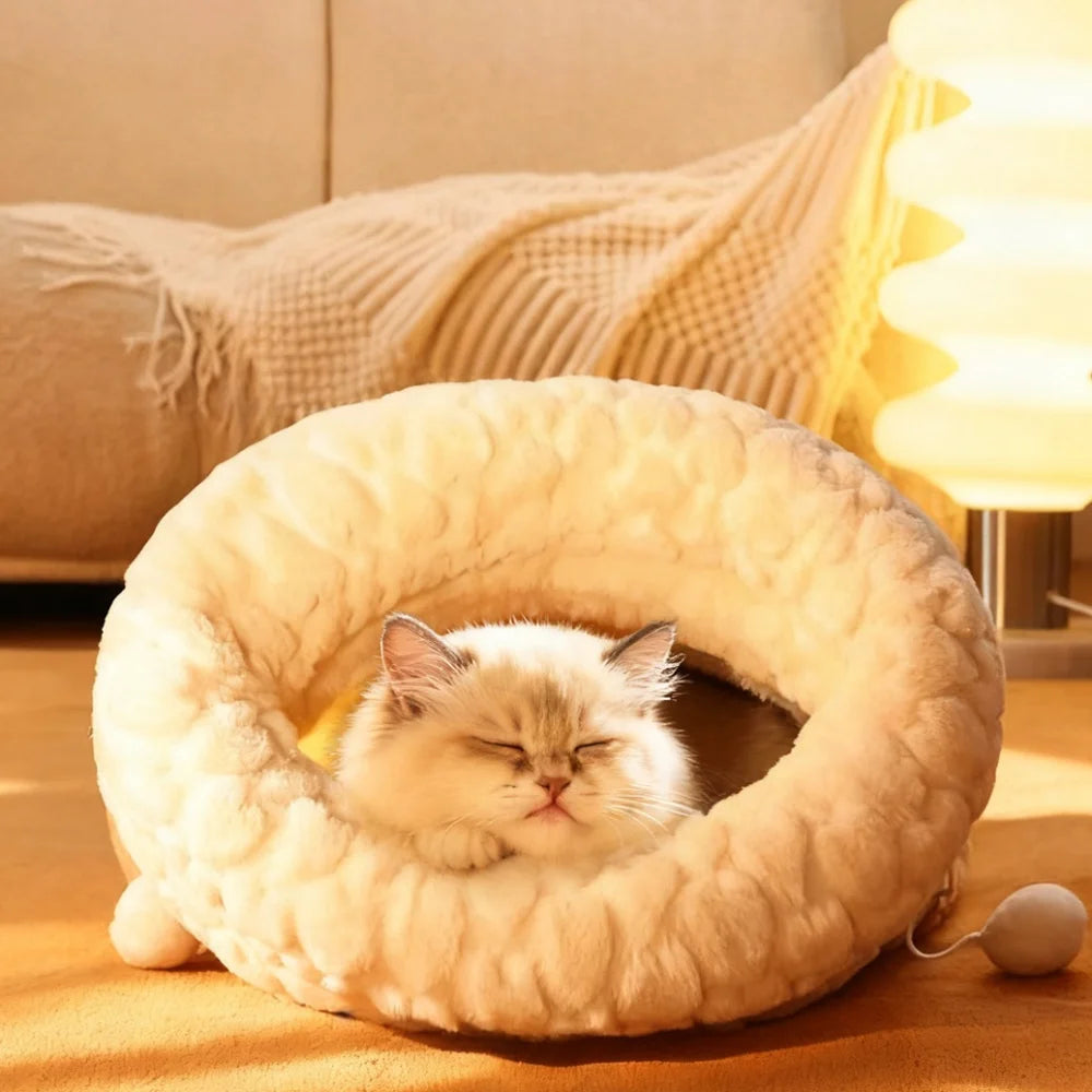 Enclosed Plush Cat Bed with Burrow Entry