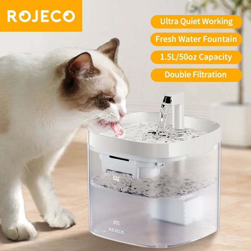 ROJECO 1.5L Automatic Cat Water Fountain Quiet Filtered Pet Water Dispenser
