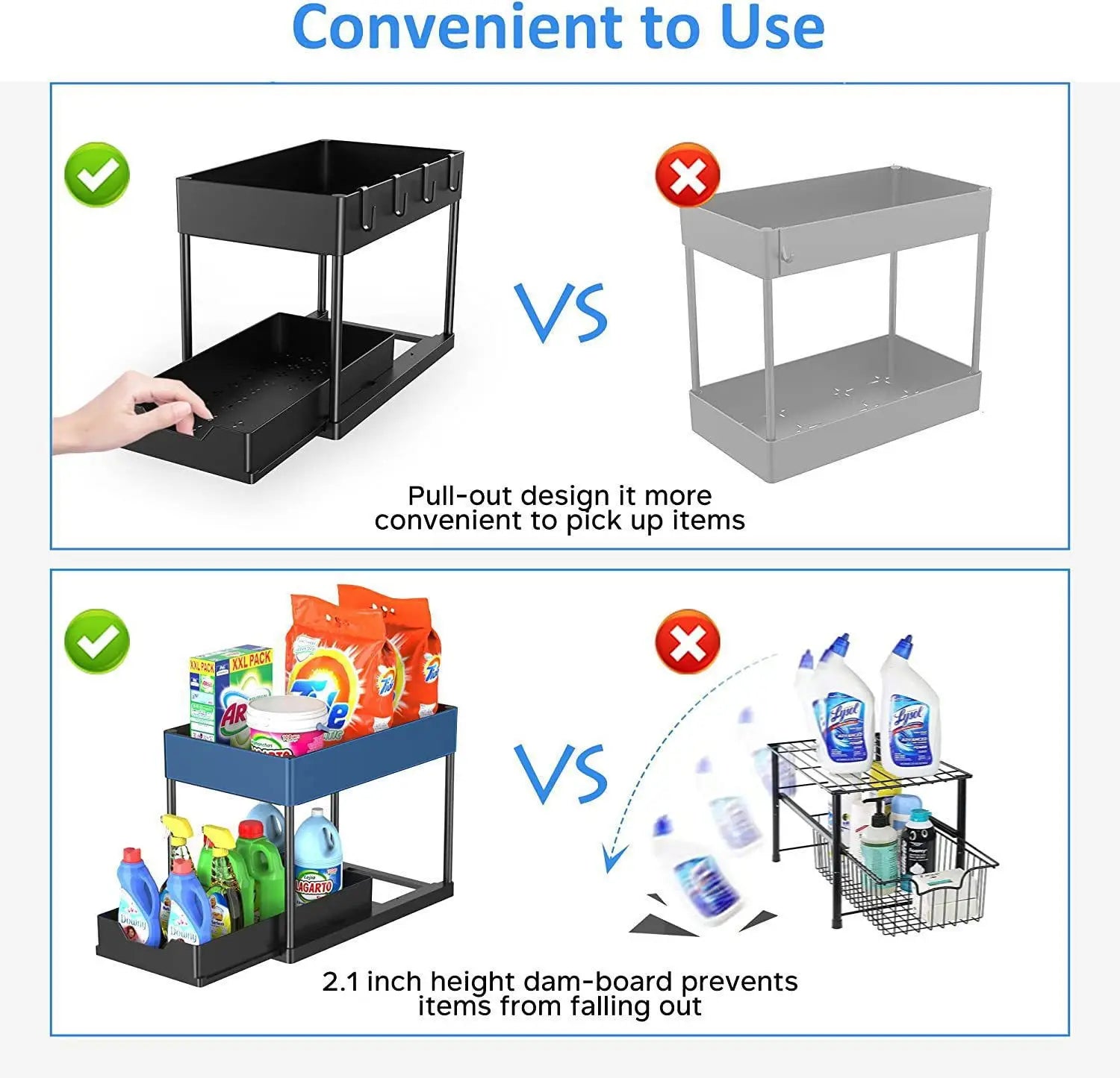 2-Tier Sliding Under Sink Organizer, Sliding Cabinet Basket with Hooks