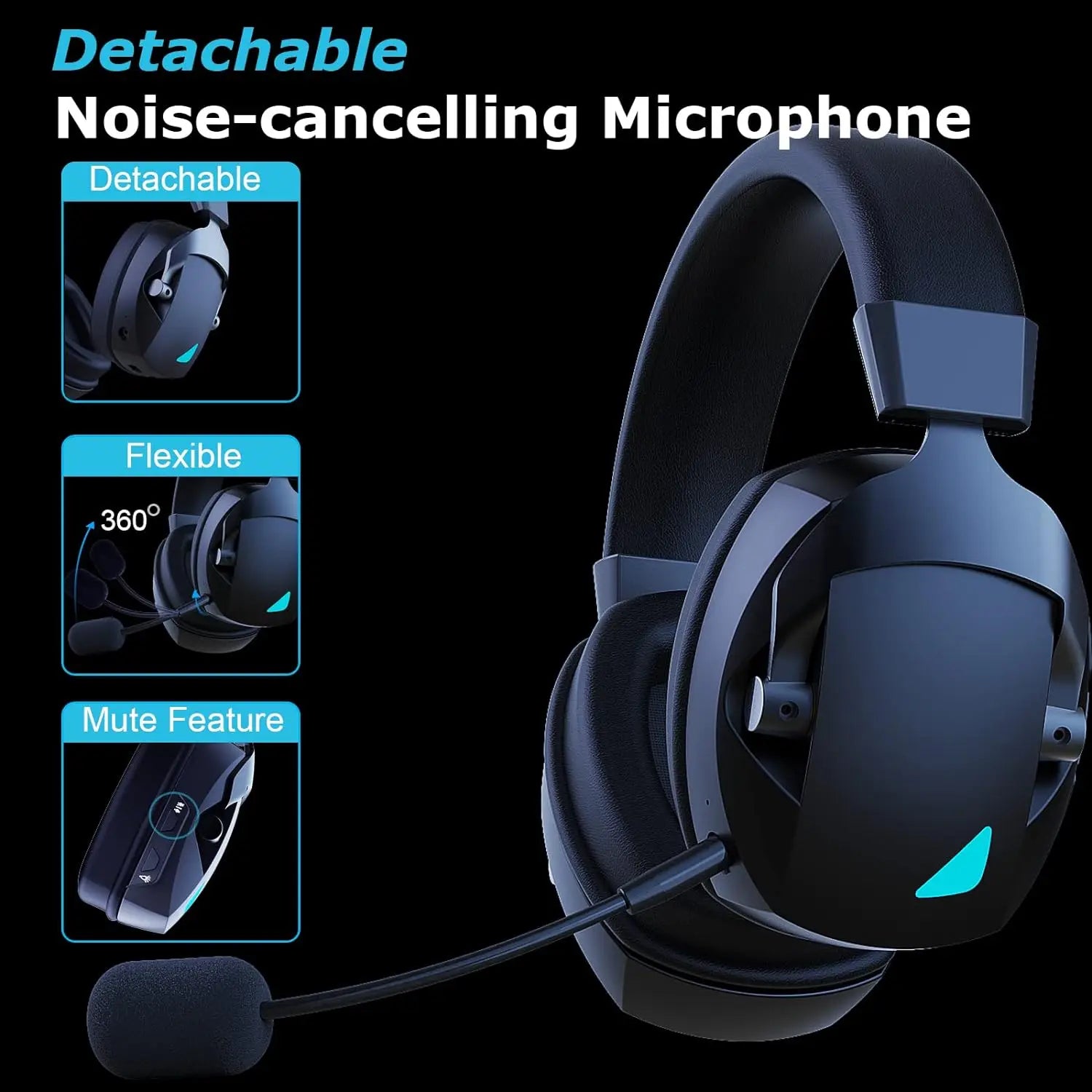 Wireless Gaming Headset with Detachable Noise Cancelling Microphone