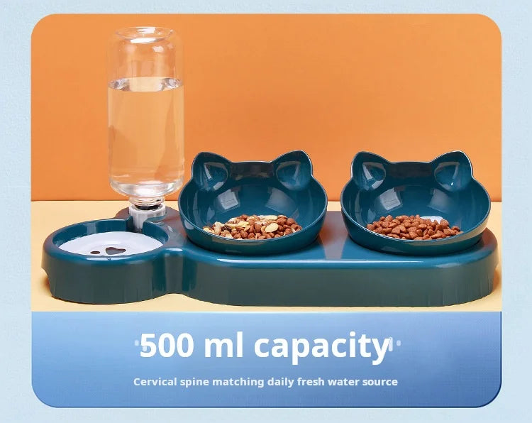 3-in-1 Tilted Cat Food & Water Bowl with Gravity Water Feeder