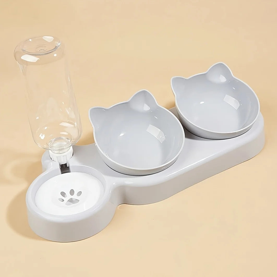 3-in-1 Tilted Cat Food & Water Bowl with Gravity Water Feeder