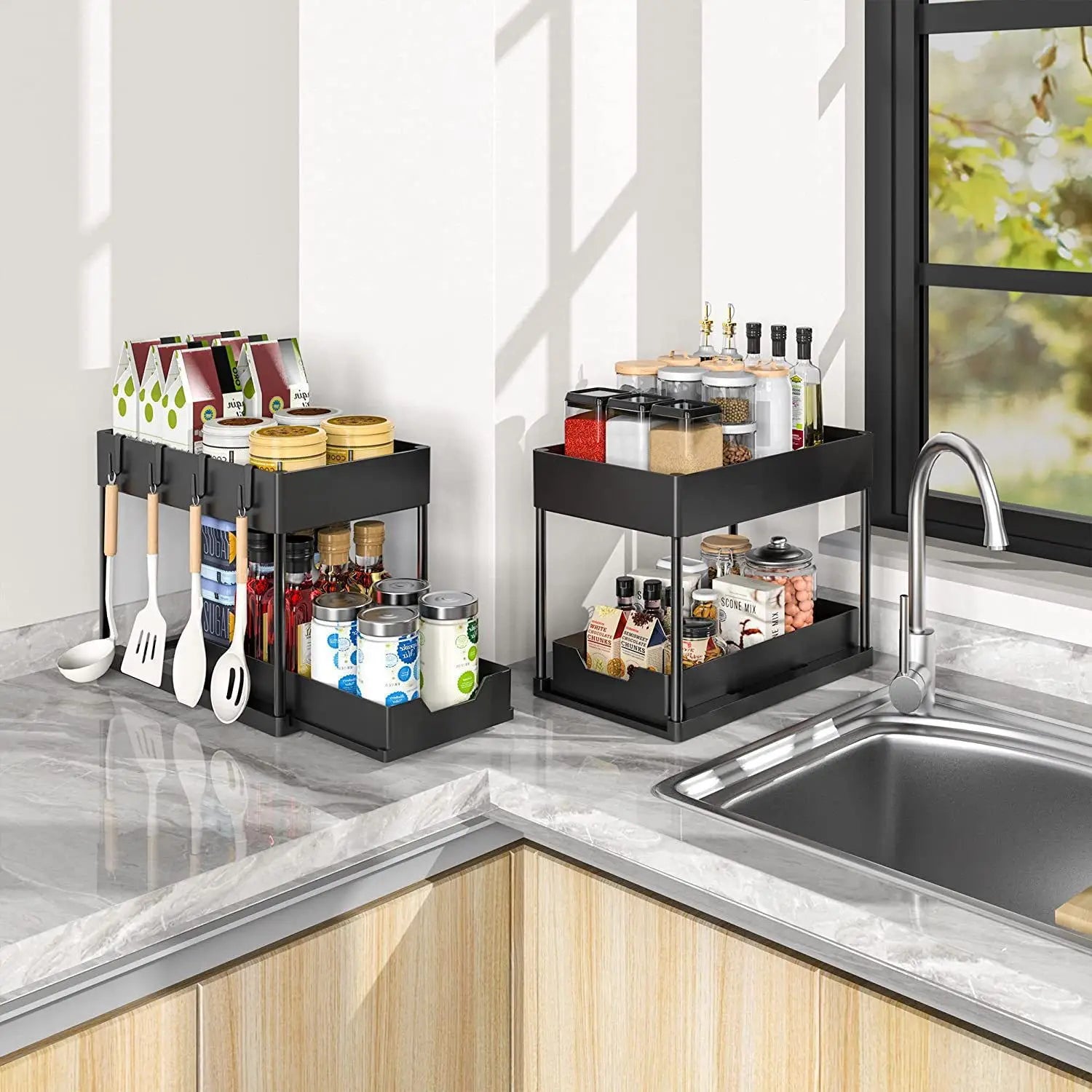 2-Tier Sliding Under Sink Organizer, Sliding Cabinet Basket with Hooks