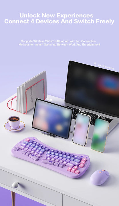 BOW Bluetooth USB Wireless Split Keyboard  68 Keys Multi Media Button Cute Cat Ergonomic  Keyboard for Win/Android/iOS/ OS