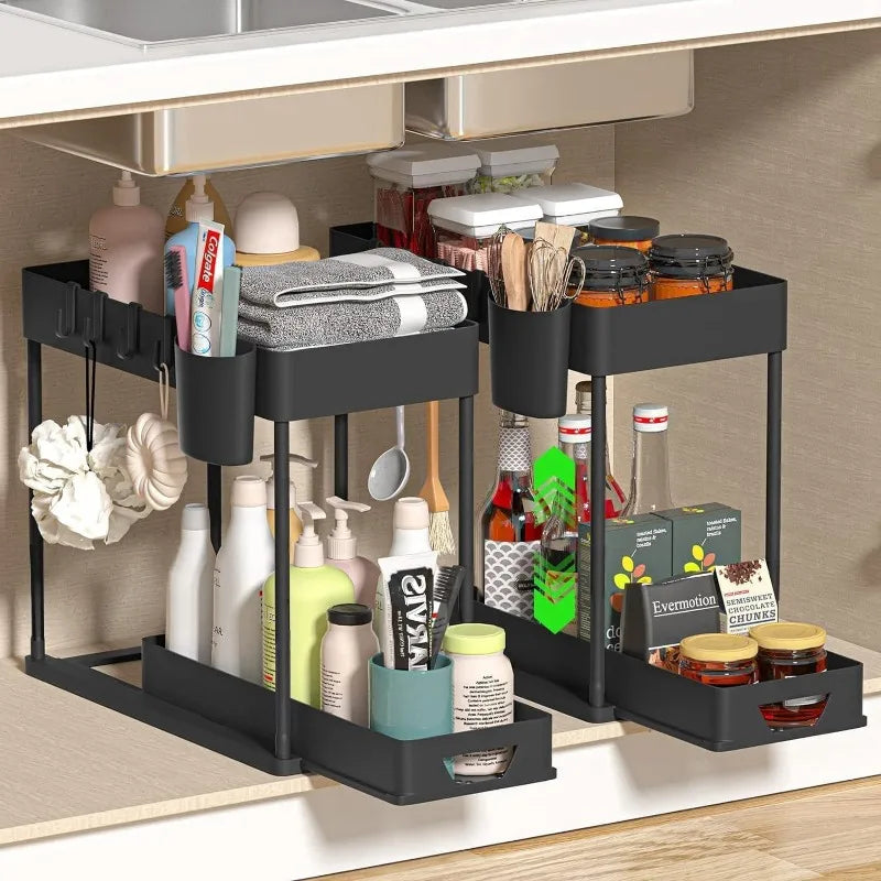 2-Tier Sliding Under Sink Organizer, Sliding Cabinet Basket with Hooks