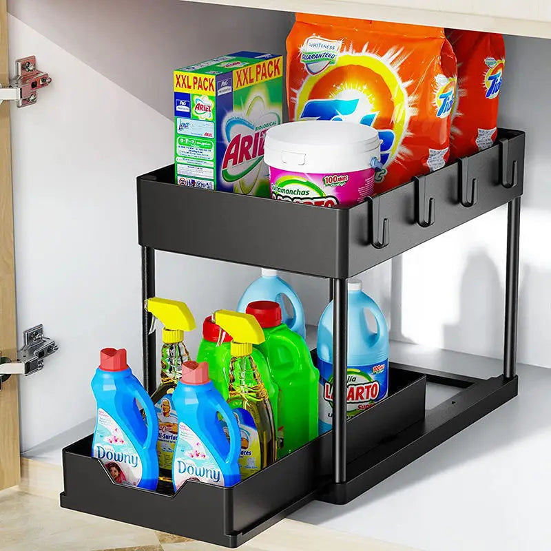 2-Tier Sliding Under Sink Organizer, Sliding Cabinet Basket with Hooks