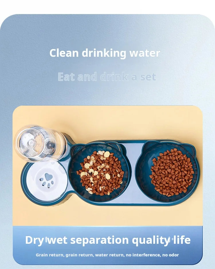 3-in-1 Tilted Cat Food & Water Bowl with Gravity Water Feeder