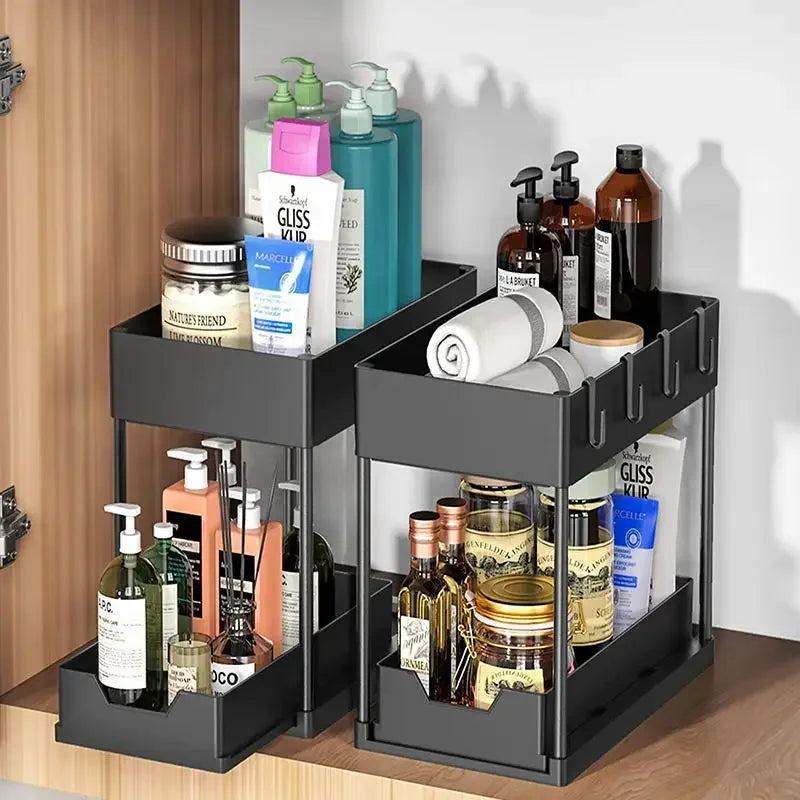 2-Tier Sliding Under Sink Organizer, Sliding Cabinet Basket with Hooks