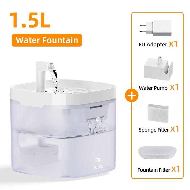 ROJECO 1.5L Automatic Cat Water Fountain Quiet Filtered Pet Water Dispenser