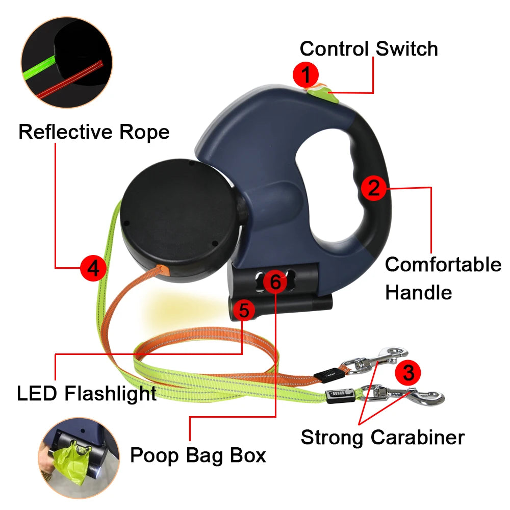 3m Retractable Double Dog Leash with Reflective Straps