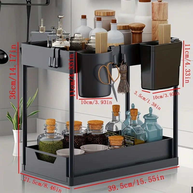2-Tier Sliding Under Sink Organizer, Sliding Cabinet Basket with Hooks