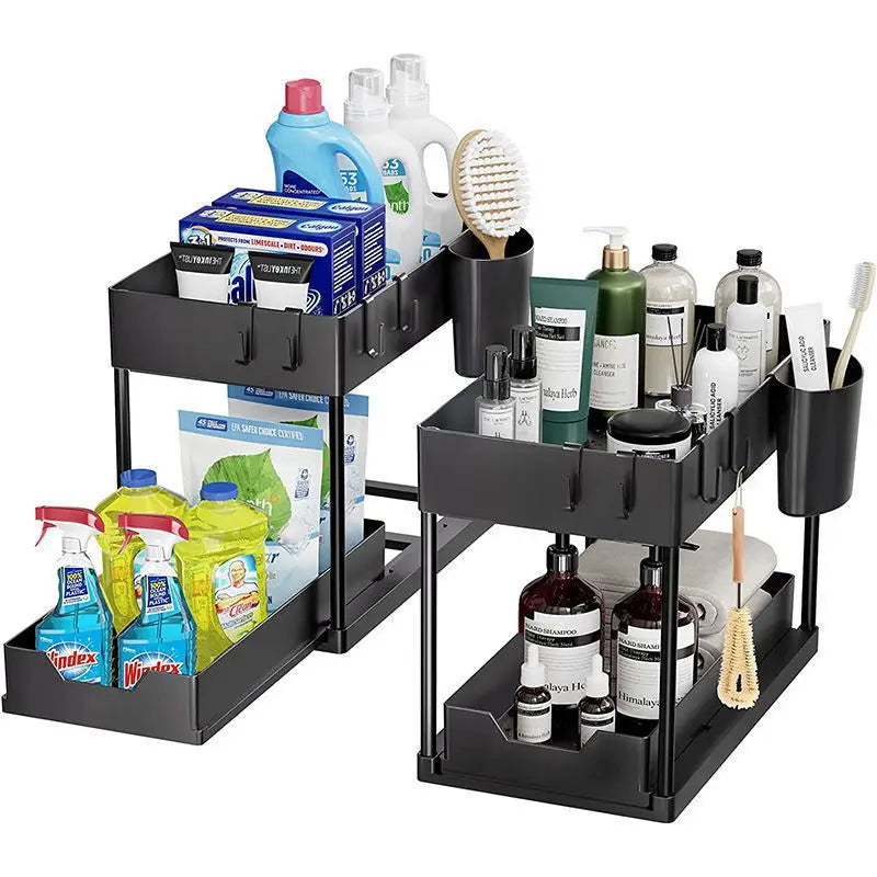2-Tier Sliding Under Sink Organizer, Sliding Cabinet Basket with Hooks