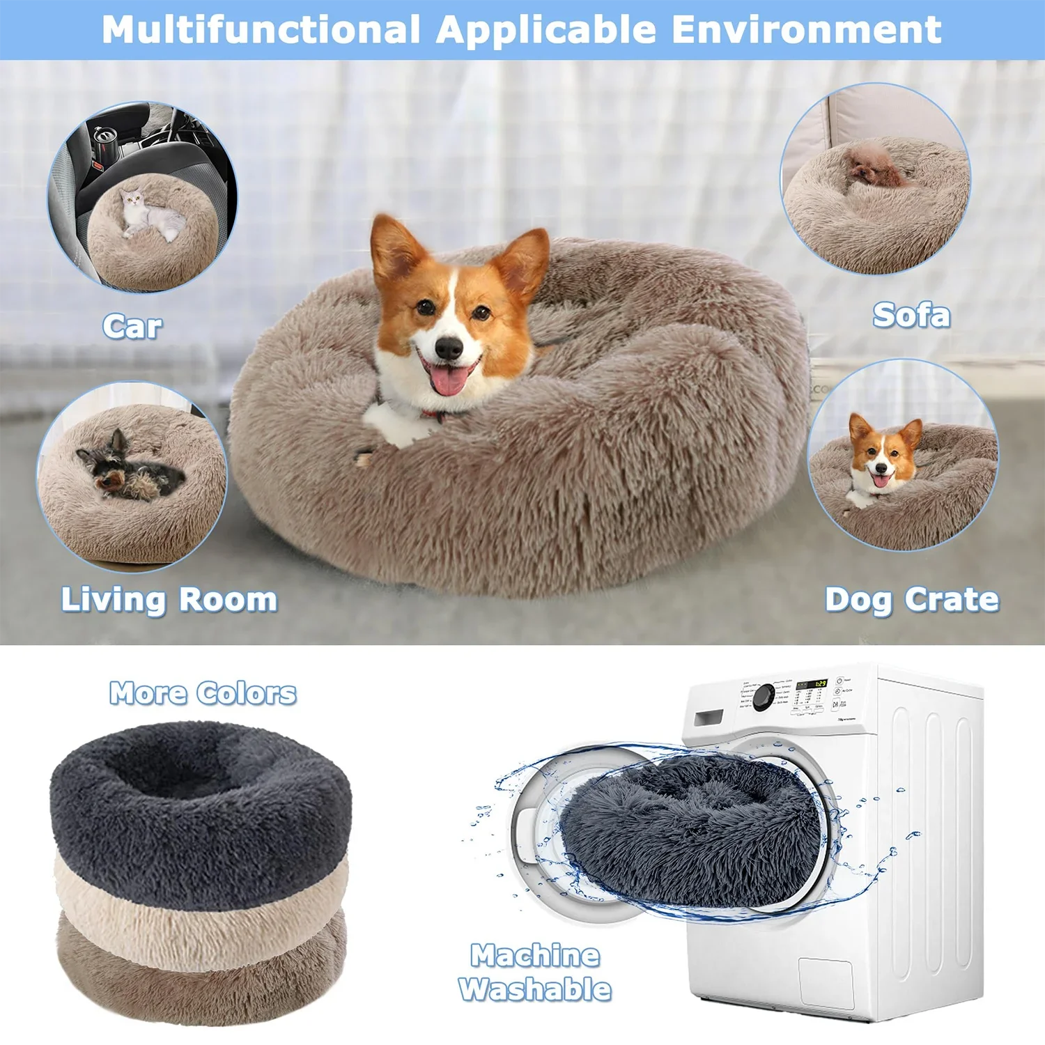 Calming Plush Cat Bed Warm Washable Donut Cushion for Indoor Pets