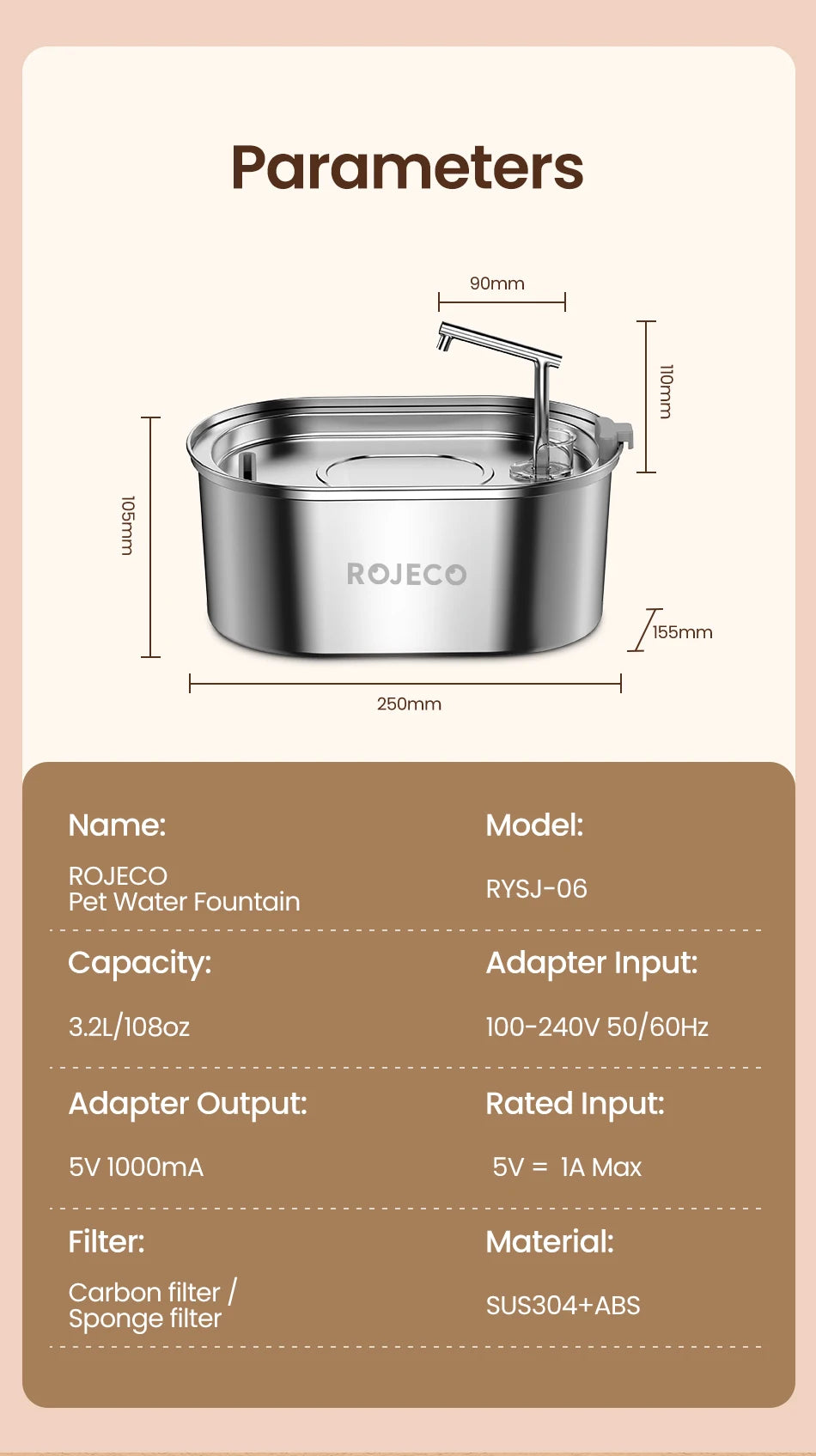 ROJECO 3.2L Stainless Steel Pet Water Fountain