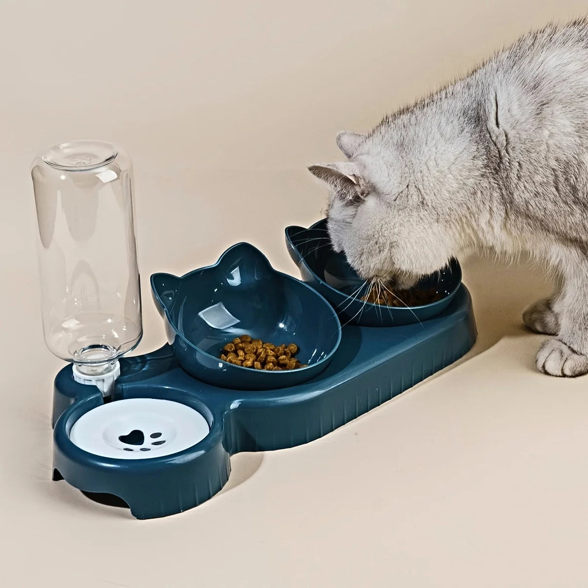 3-in-1 Tilted Cat Food & Water Bowl with Gravity Water Feeder
