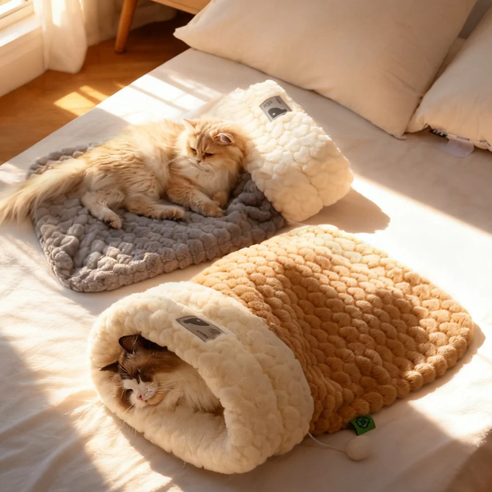 Enclosed Plush Cat Bed with Burrow Entry