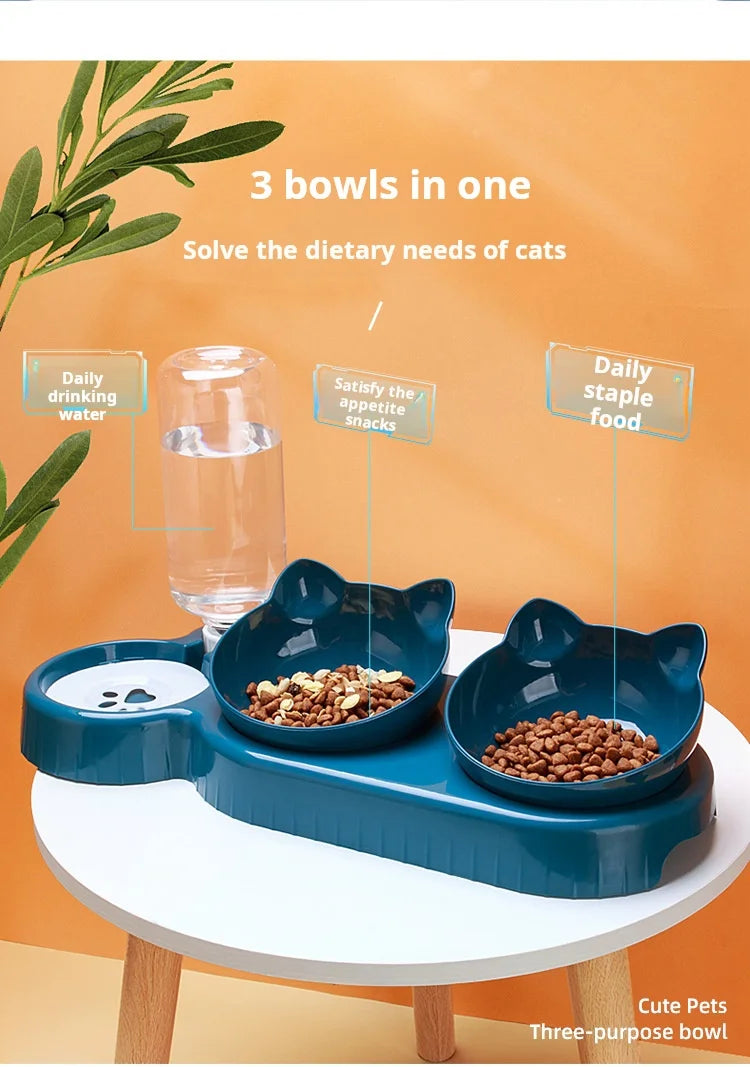 3-in-1 Tilted Cat Food & Water Bowl with Gravity Water Feeder