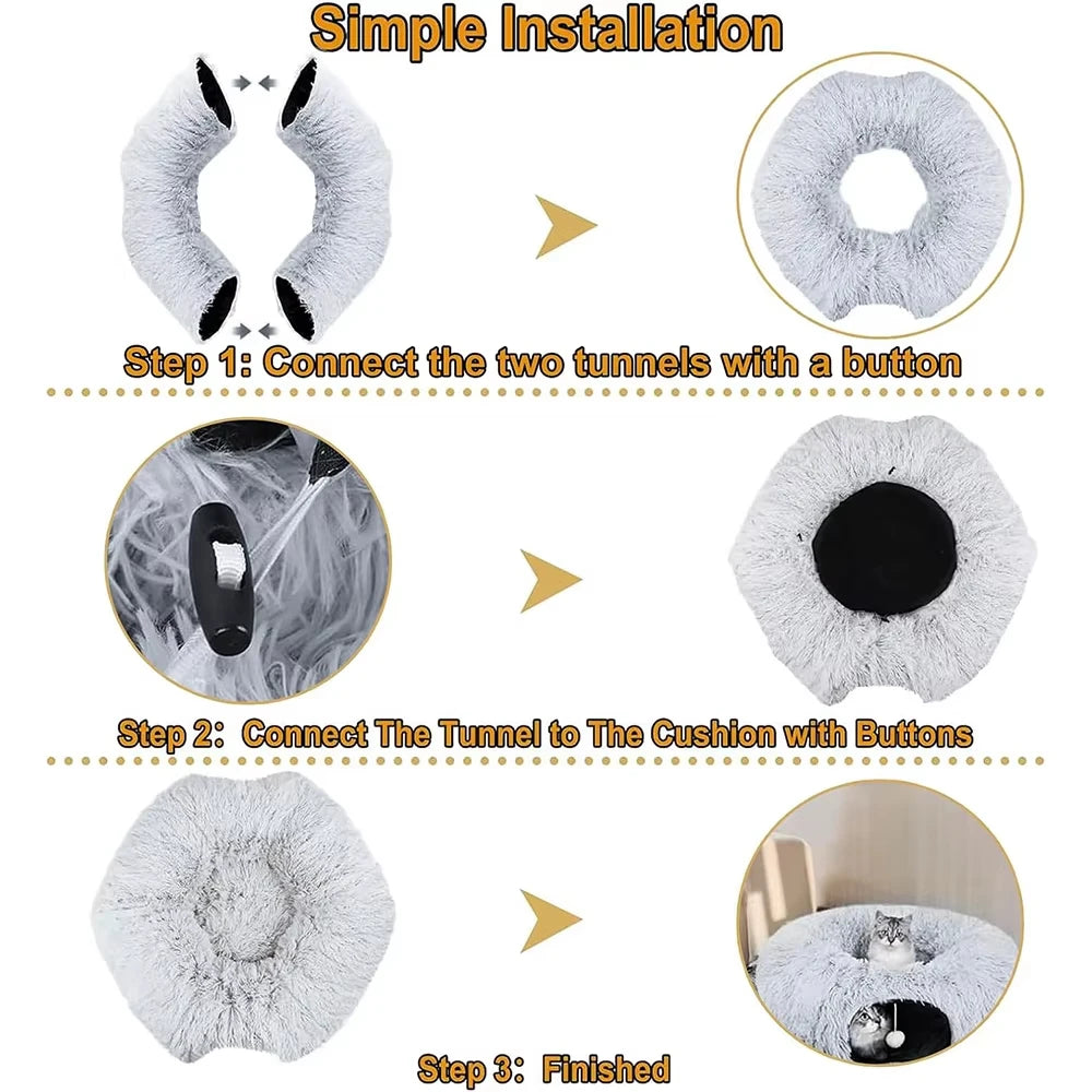 Winter New Arrival Plush Cat Tunnel Bed Foldable Two-in-One round Warmth Pet Nest Thickened Cozy Cuddly Cat Hideaway