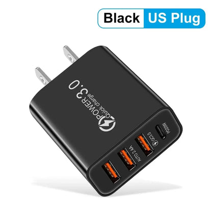 Total 60W USB C Charger Multi 4 Ports 3USB PD Type C Fast Charging Quick Charge Universal Travel Wall Power Adapter