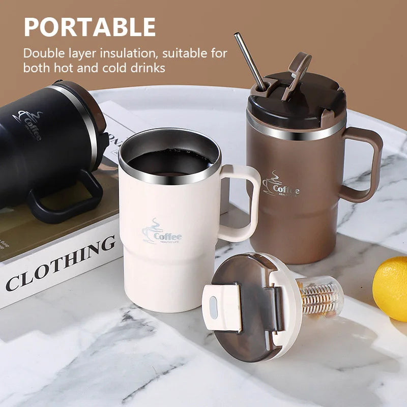 Insulated Coffee Cup 304 Stainless Steel Tea Cup With Tea Strainer Lid Straw