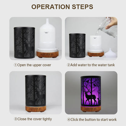 Aroma Diffuser Ultrasonic Perfume Air Humidifier Iron Art Deer Pattern Smart Room Fragrance Humidifier with LED Night Lights