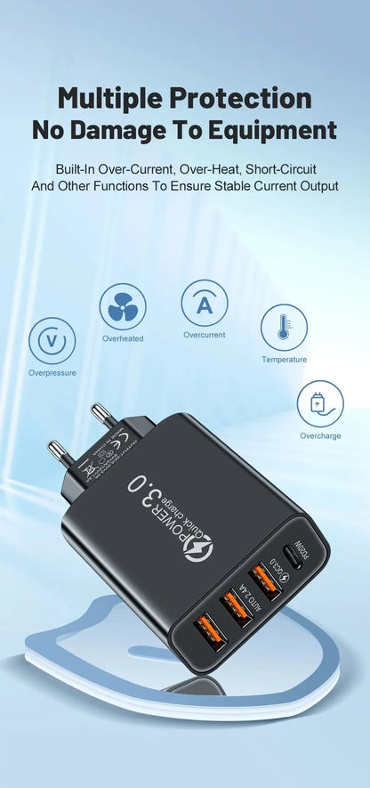 Total 60W USB C Charger Multi 4 Ports 3USB PD Type C Fast Charging Quick Charge Universal Travel Wall Power Adapter