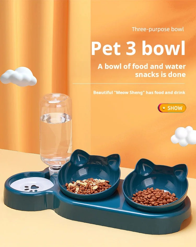 3-in-1 Tilted Cat Food & Water Bowl with Gravity Water Feeder