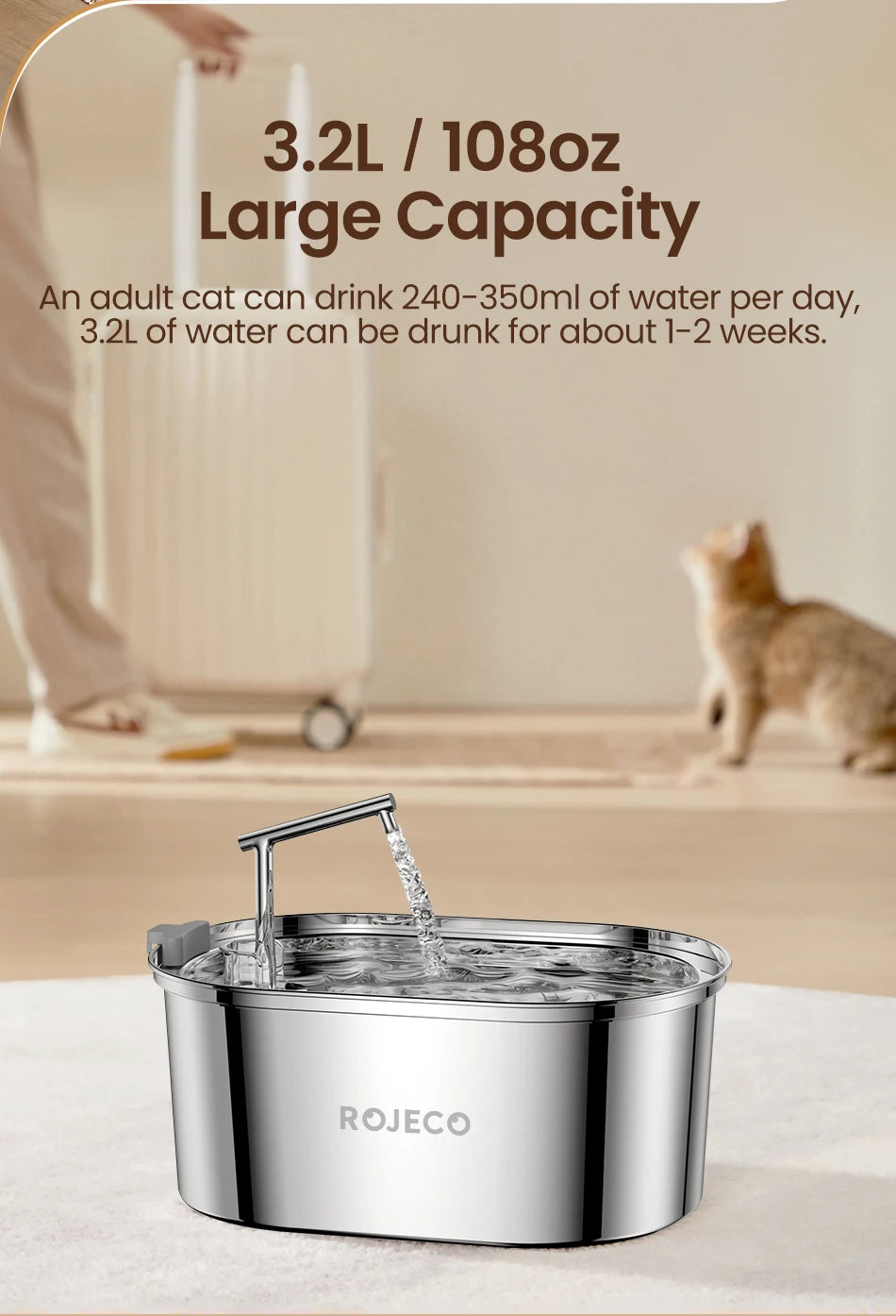 ROJECO 3.2L Stainless Steel Pet Water Fountain