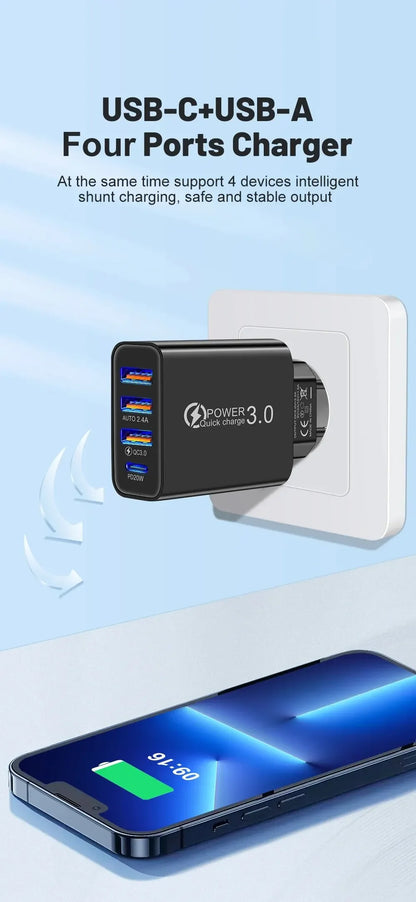 Total 60W USB C Charger Multi 4 Ports 3USB PD Type C Fast Charging Quick Charge Universal Travel Wall Power Adapter