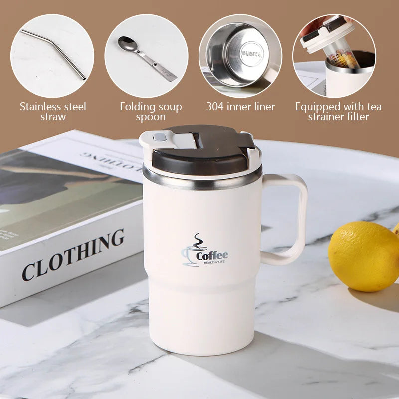 Insulated Coffee Cup 304 Stainless Steel Tea Cup With Tea Strainer Lid Straw