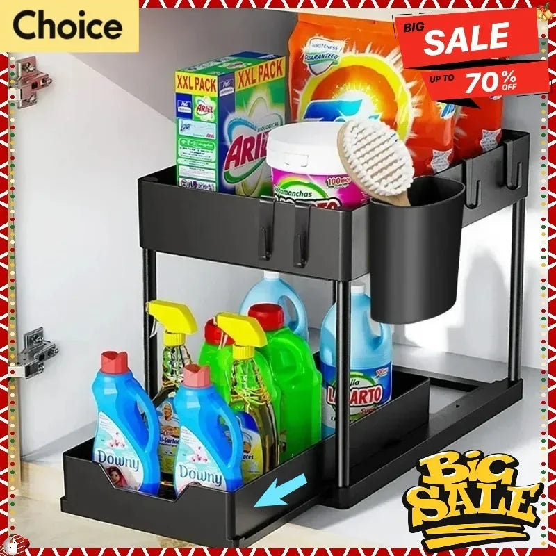 2-Tier Sliding Under Sink Organizer, Sliding Cabinet Basket with Hooks