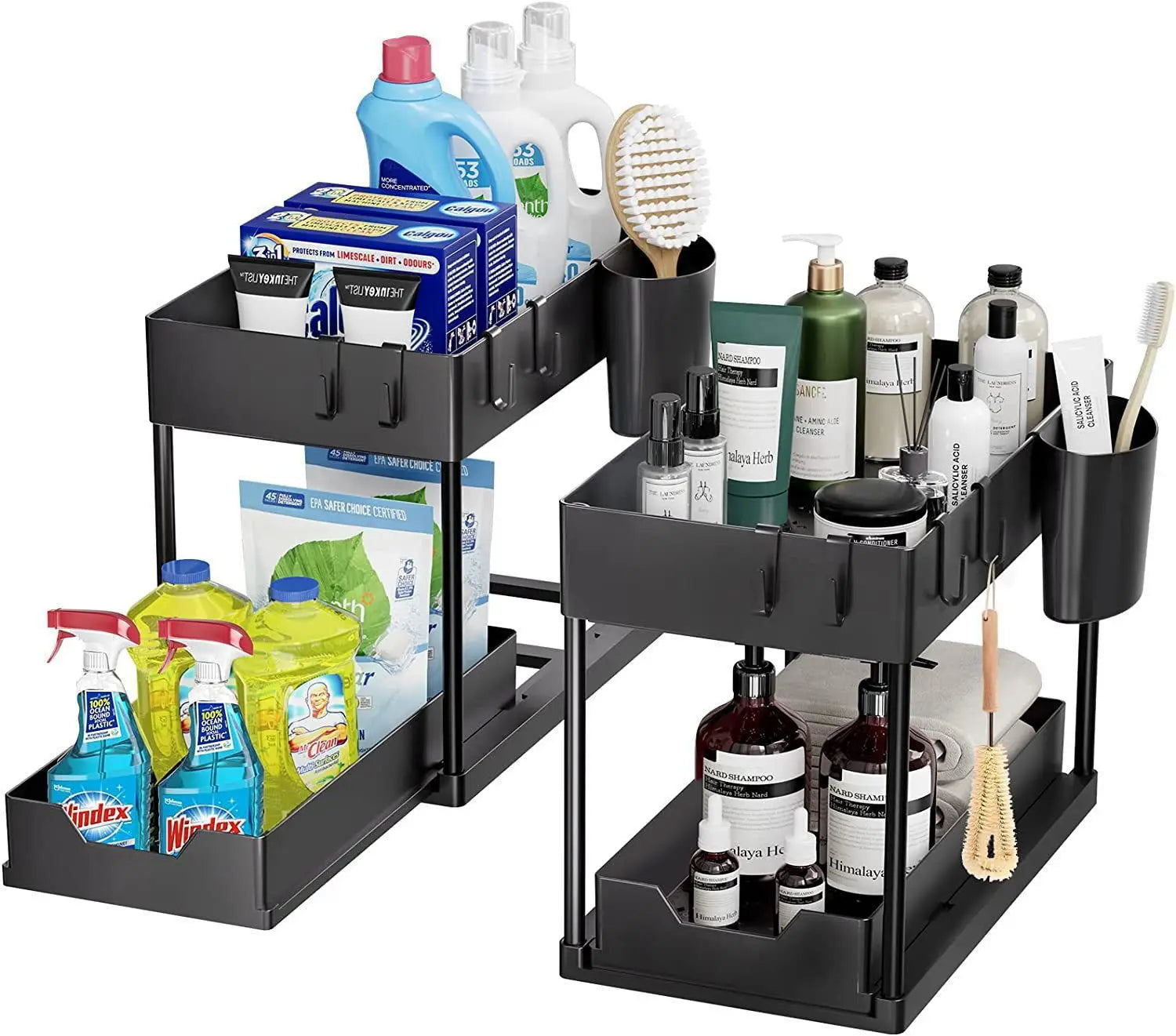 2-Tier Sliding Under Sink Organizer, Sliding Cabinet Basket with Hooks