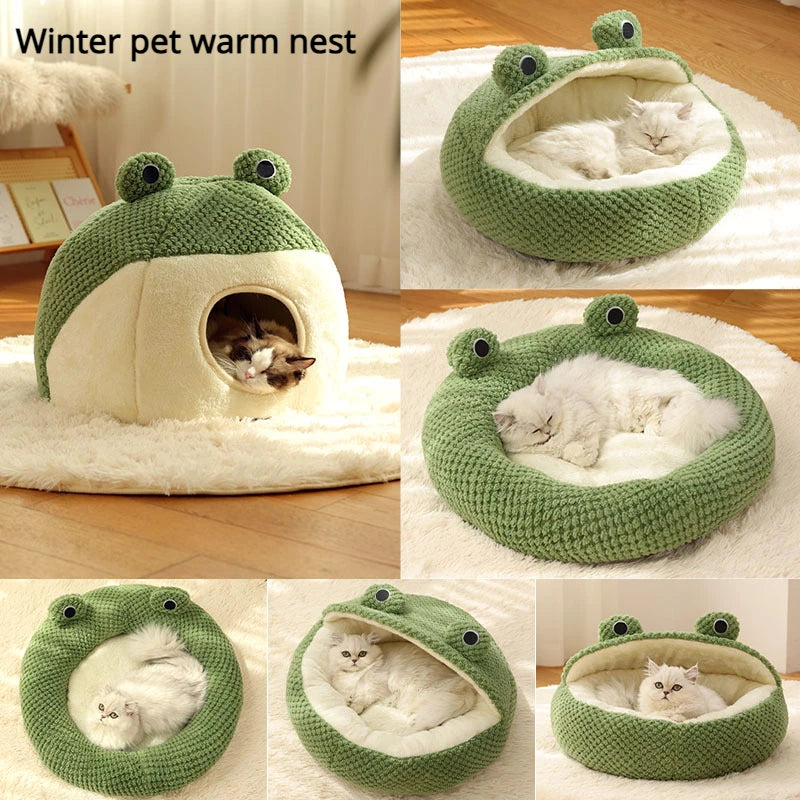 Warm Plush Frog Dog & Cat Cave Bed for Puppies, Kittens & Small Pets