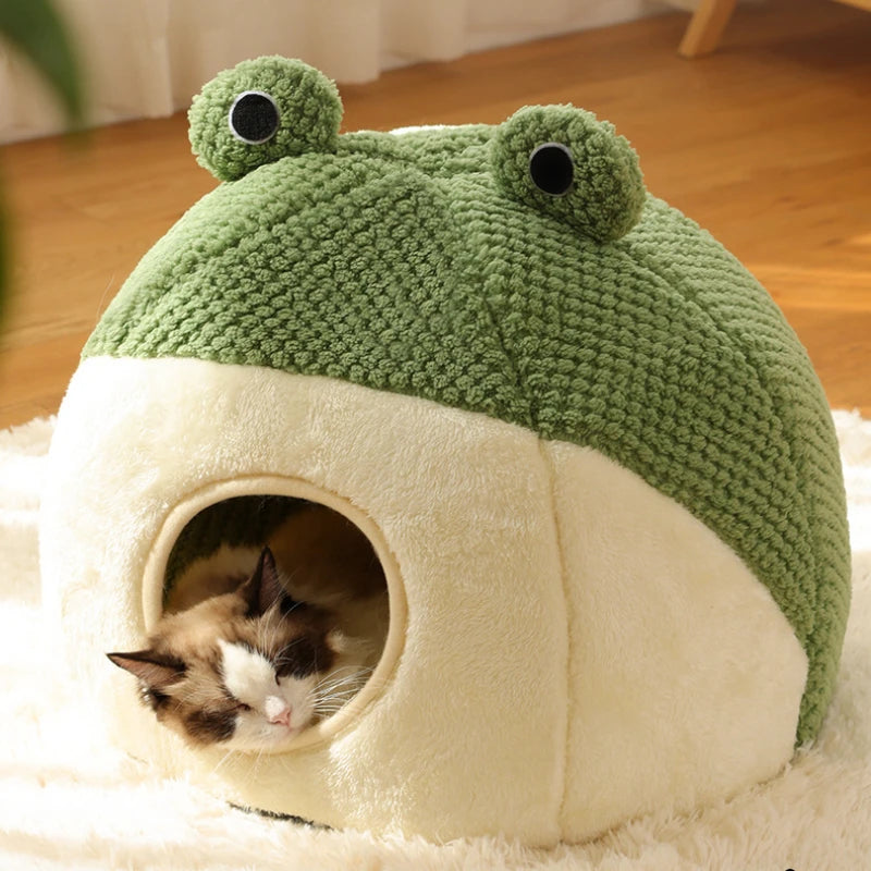 Warm Plush Frog Dog & Cat Cave Bed for Puppies, Kittens & Small Pets