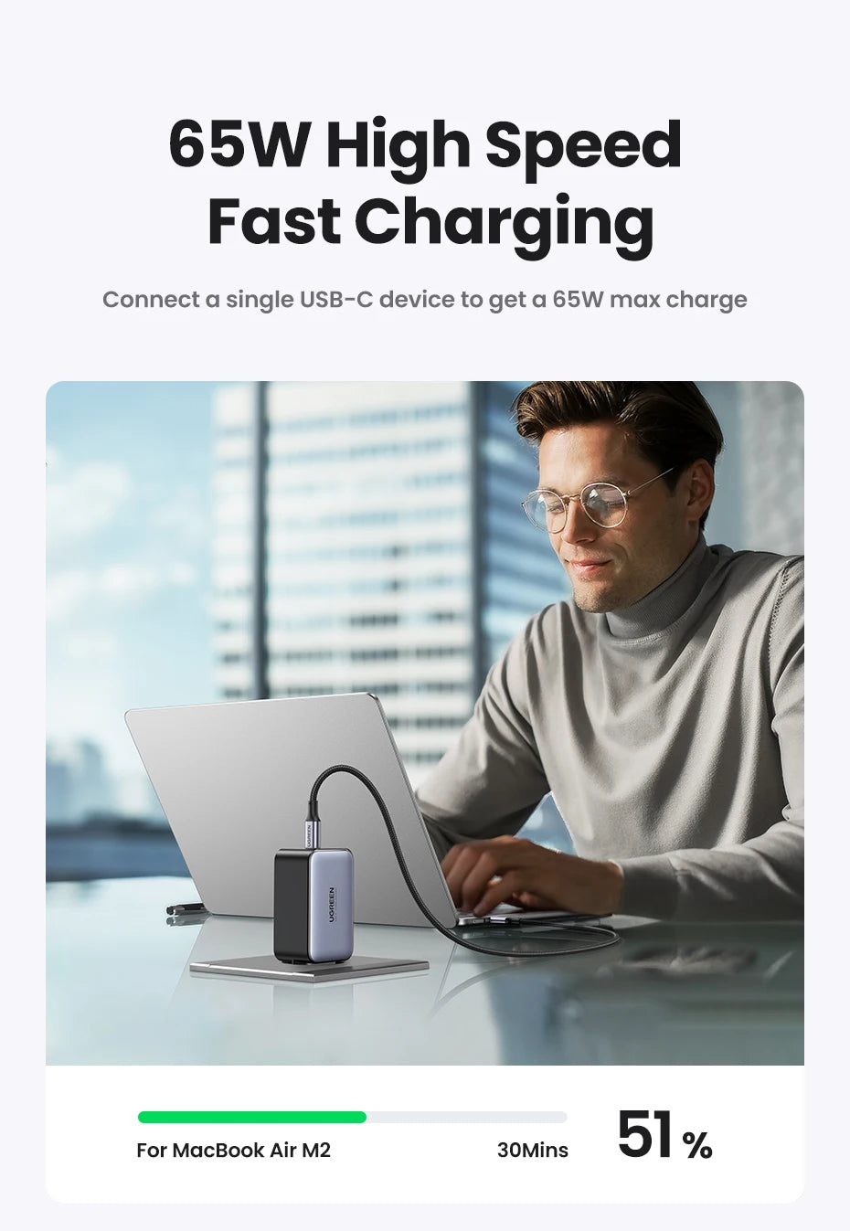 UGREEN 65W GaN Charger Quick Charge 4.0 3.0 USB C Charger for iPhone 17 16 15 Pro Max Laptop Macbook Air Tablet PD Fast Charger