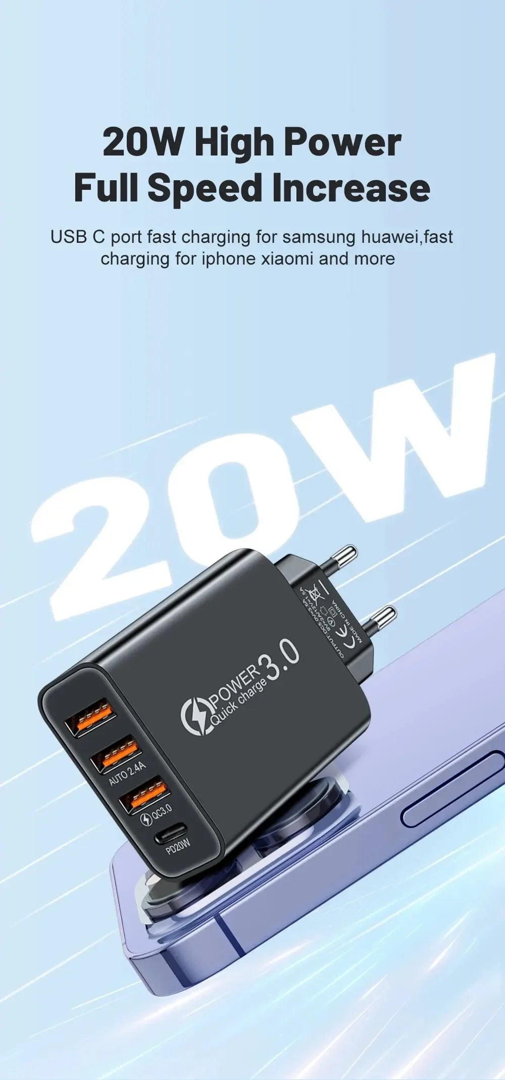 Total 60W USB C Charger Multi 4 Ports 3USB PD Type C Fast Charging Quick Charge Universal Travel Wall Power Adapter