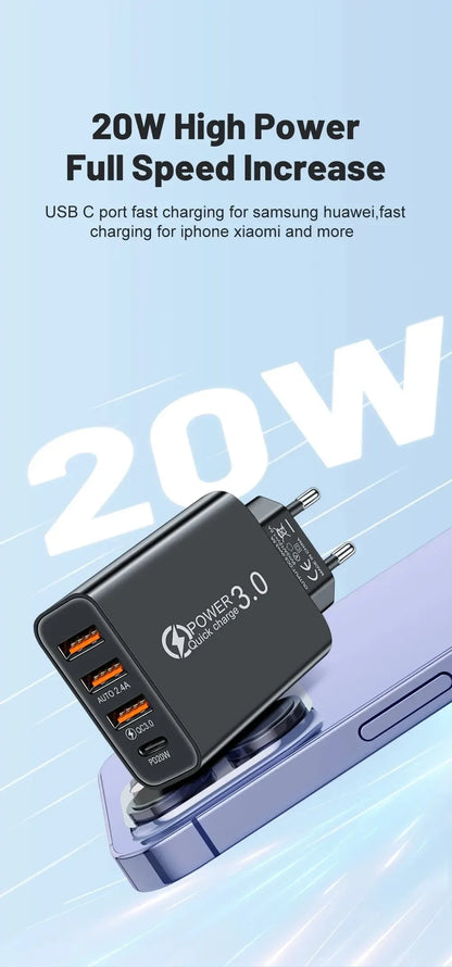 Total 60W USB C Charger Multi 4 Ports 3USB PD Type C Fast Charging Quick Charge Universal Travel Wall Power Adapter