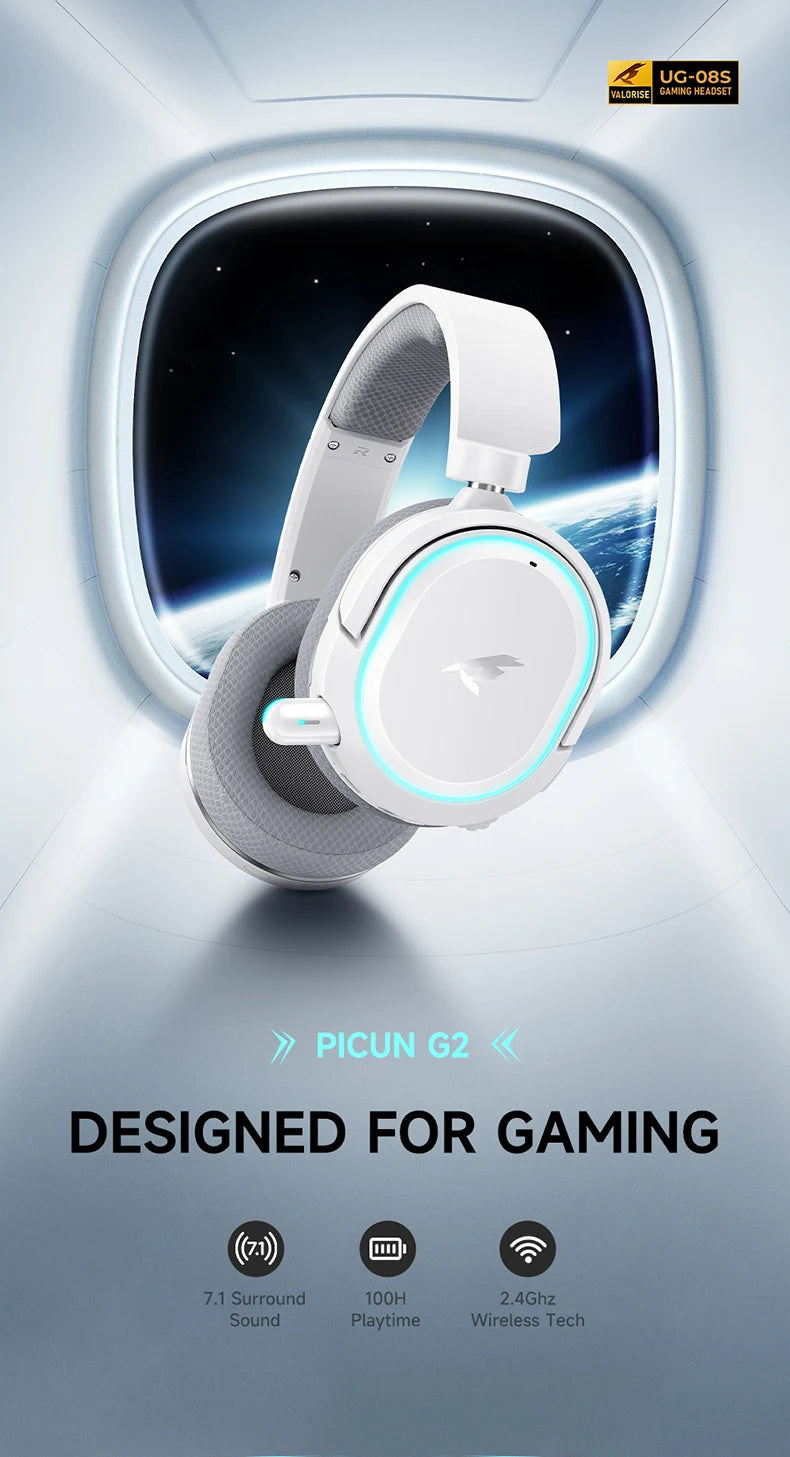 Picun G2 2.4GHz Bluetooth Wireless Gaming Headset For PC PS4 PS5 Phone Switch 5ms Low Latency 7.1 Surround Wired Headset ENC Mic