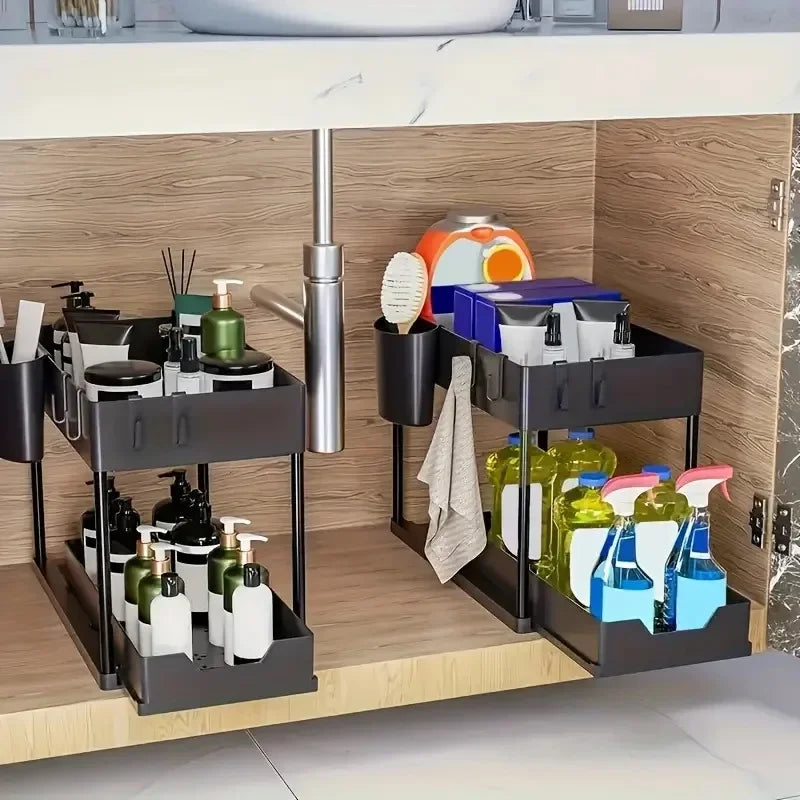 2-Tier Sliding Under Sink Organizer, Sliding Cabinet Basket with Hooks